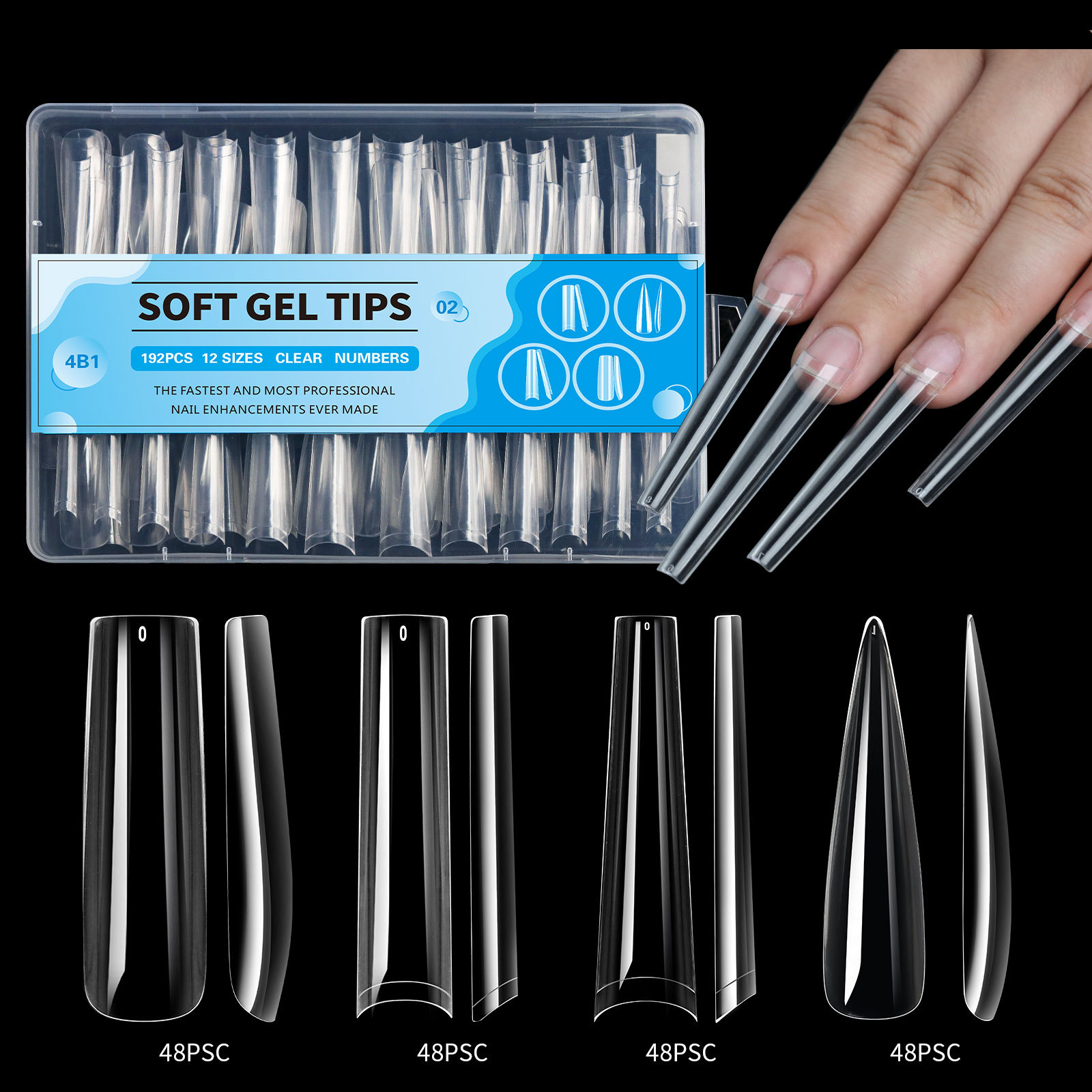 4 In 1 Clear Full Cover Coffin-midium Nail Tips